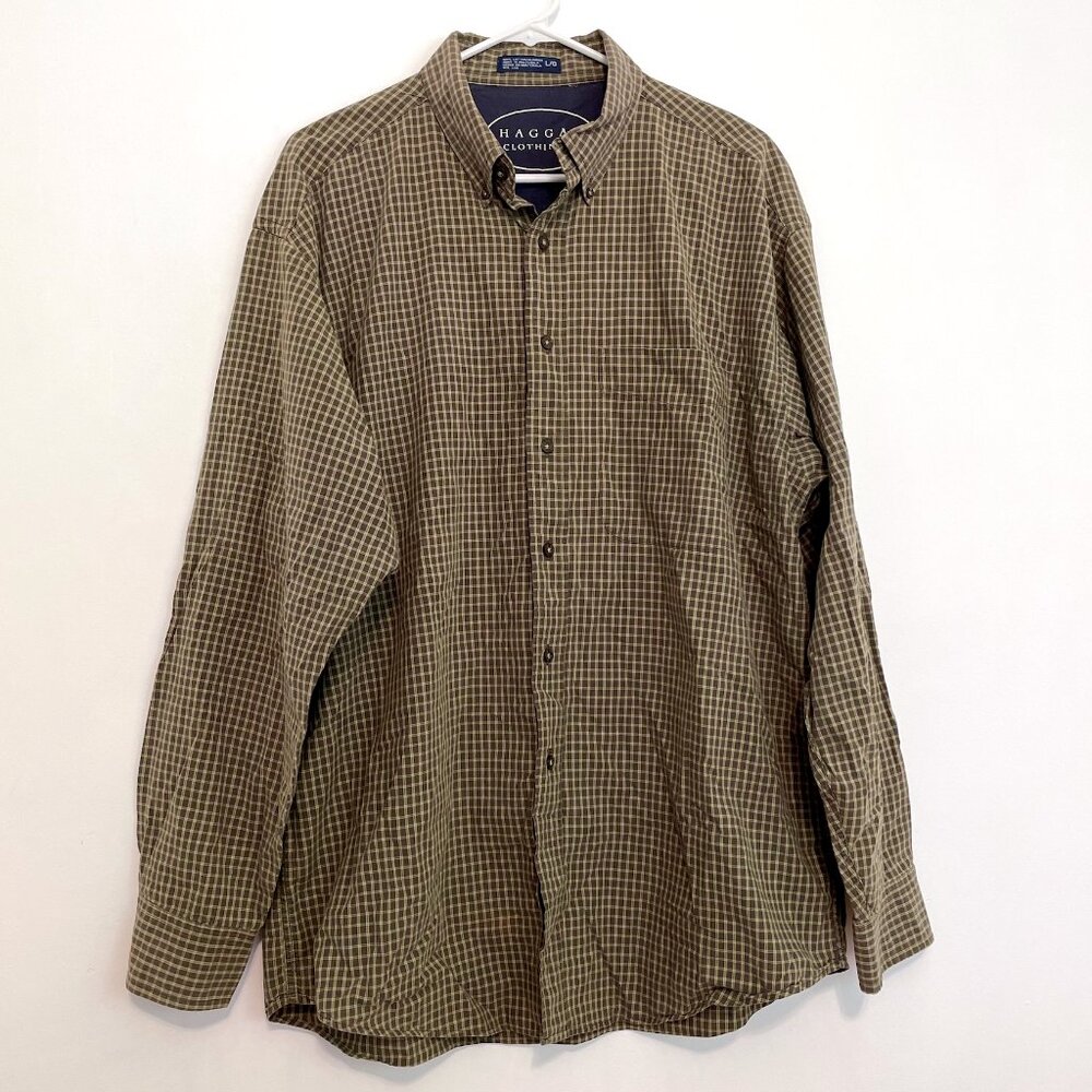 VINTAGE VTG ? HAGGAR Mens Brown Tan Plaid Cotton Long Sleeve Button Down Shirt L